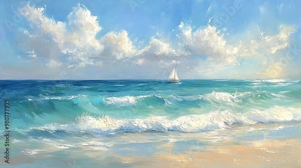 Obraz Serene Coastal Landscape with Sailboat and Gentle Waves