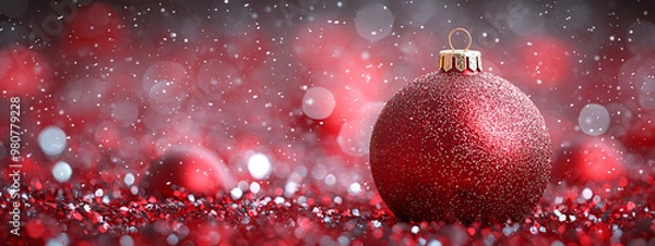 Fototapeta The Magic of Christmas: A Sparkling Red Ornament, Nestled Amidst a Winter Wonderland