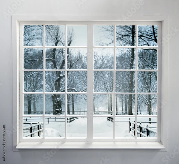 Obraz Residential window with snow and trees