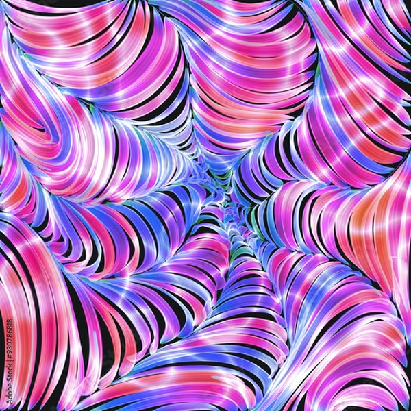 Fototapeta A vibrant abstract design with dynamic, flowing shapes in shades of pink, purple, blue and yellow. The swirling, ribbon-like shapes create a sense of movement and energy against the backdrop