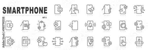Fototapeta Set of smartphone related line icons. Device, message, phone, call, app, screen etc. Editable stroke