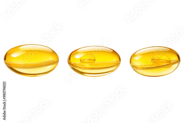 Fototapeta Levitation of three soft gelatin capsules isolated on transparent background.