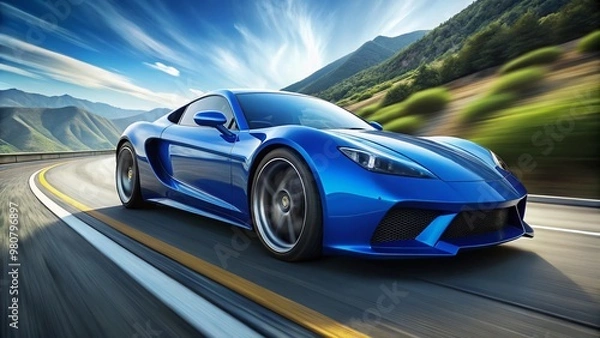 Fototapeta A sleek, cobalt-blue sports car accelerates down a winding asphalt road, its aggressive lines and angular design