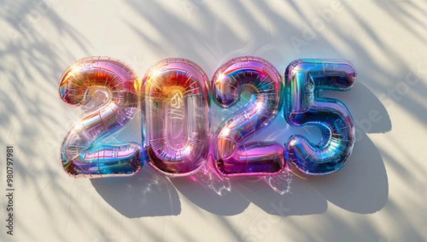Obraz Number 2025 in holographic rainbow balloons