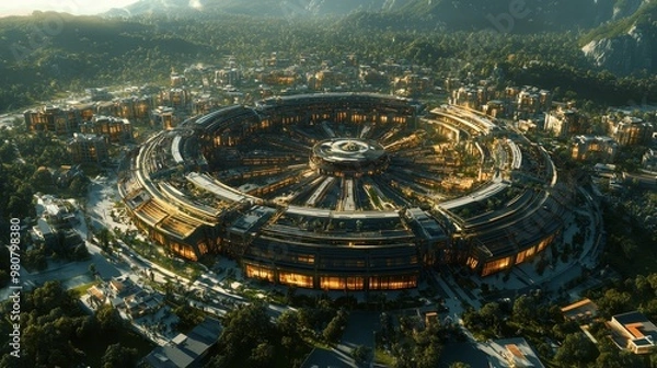 Fototapeta A circular city layout with streets radiating outwards like spokes on a wheel
