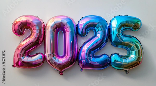 Obraz Number 2025 in holographic rainbow balloons