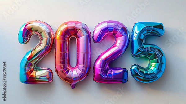 Obraz Number 2025 in holographic rainbow balloons