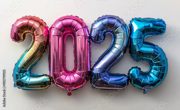 Obraz Number 2025 in holographic rainbow balloons