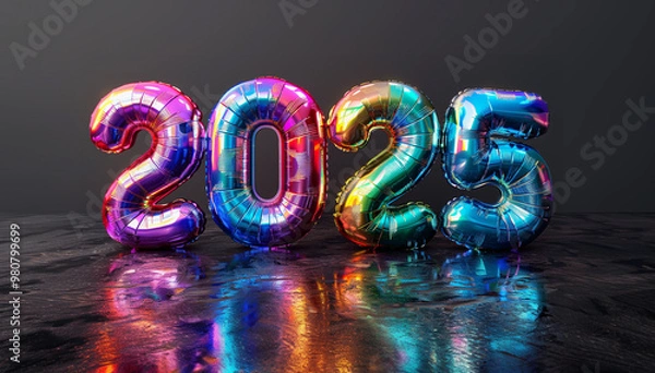 Obraz Number 2025 in holographic rainbow balloons