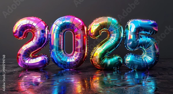 Obraz Number 2025 in holographic rainbow balloons