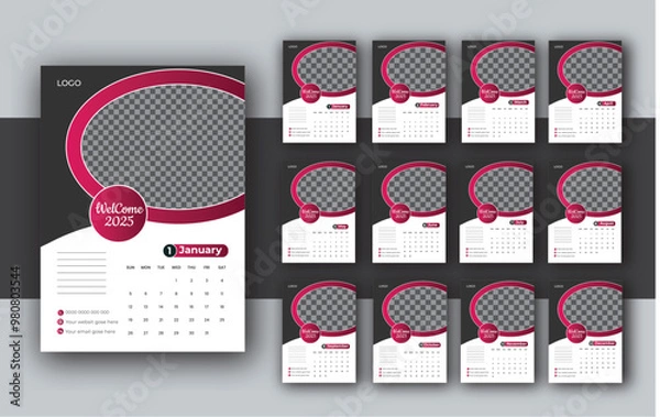 Obraz 2025 wall calendar template, week starts Monday, set of 12 months, 12 pages