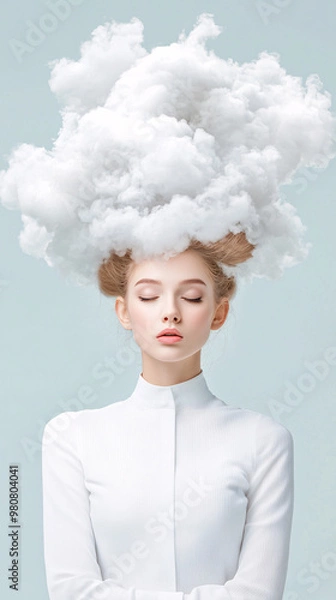 Fototapeta A woman with a cloud on her head. The cloud is white and fluffy. The woman is looking at the camera