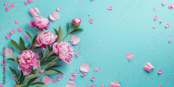 Fototapeta Pink Peonies on Turquoise Background with Petal Confetti