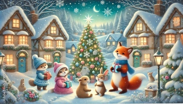 Obraz In a cozy village square covered in snow, woodland animals like a fox, rabbit, and bear cub gather around a beautifully decorated Christmas tree, sharing gifts under a peaceful, starry sky.
