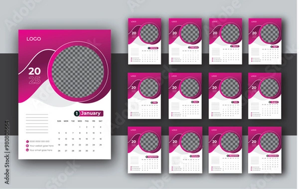 Obraz 2025 wall calendar template, week starts Monday, set of 12 months, 12 pages