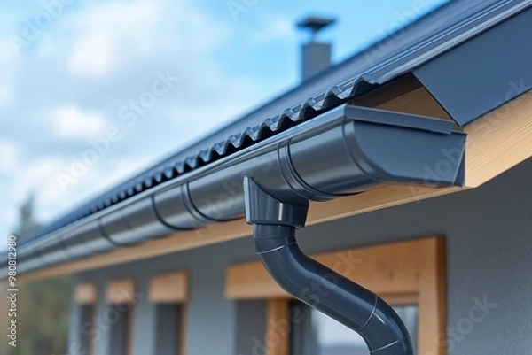 Fototapeta Contemporary gutter system on a home with a stylish wooden finish