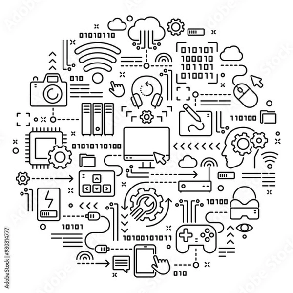 Fototapeta Vector conceptual illustration related to computer technology, electronic equipment, mobile phones and devices. Linear doodle banner or background for website or mobile app