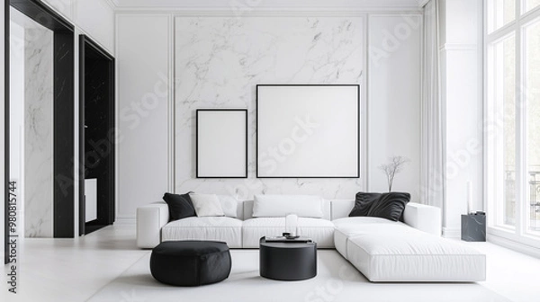 Fototapeta An all-white monochrome living room with minimalist furniture, marble surfaces, and black art frames. The space feels sleek and sophisticated, with clean lines and high-fashion appeal