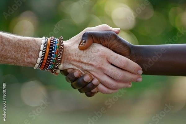 Fototapeta Close-up handshake between two people wearing colorful bracelets. Symbol of friendship and cooperation.
