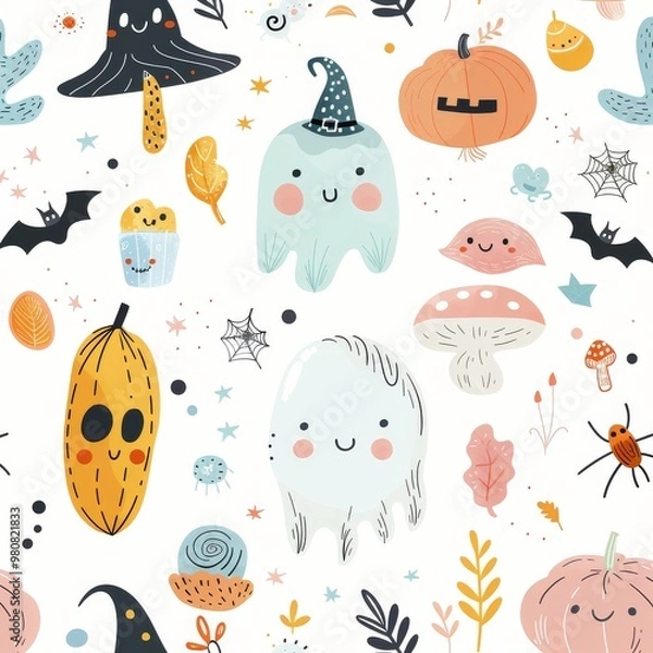 Obraz Soft pastel-colored Halloween characters like ghosts, pumpkins, and bats in a cheerful and whimsical hand-drawn style. Ideal for child-friendly seasonal designs