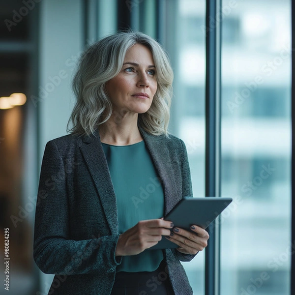 Fototapeta Businesswoman standing by a window in an office, holding a tablet and looking thoughtfully
