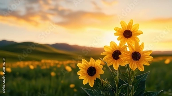 Fototapeta Sunset casting a golden glow over rolling hills, with wildflowers like blackeyed Susans and coneflowers creating a vibrant foreground