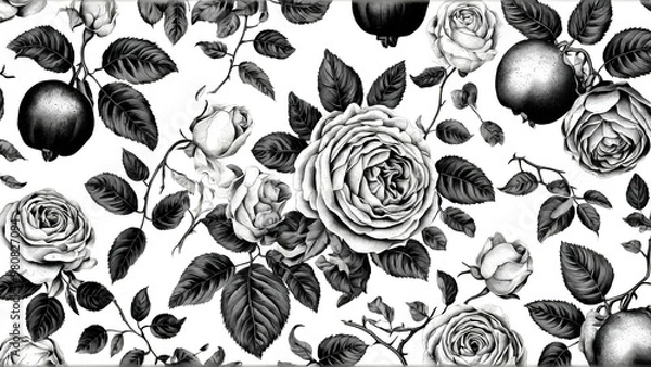 Fototapeta Vintage rose pattern black and white botanical and fruits illustration