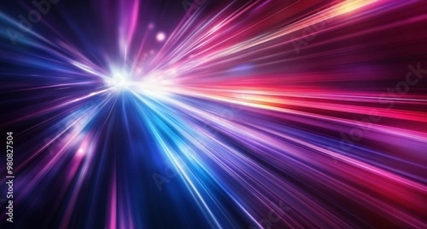 Fototapeta Bright light rays in vibrant colors create a dynamic abstract background in a digital space