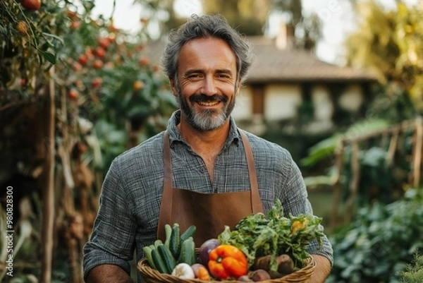 Fototapeta A man with a big smile on his face is holding a basket of vegetables. He looks happy and content as he holds the basket