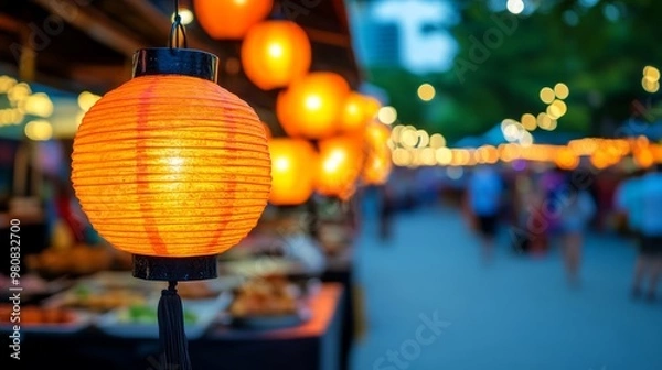 Fototapeta Night market during Yi Peng, with rows of food stalls, hanging lanterns, and festival-goers enjoying traditional Thai delicacies 