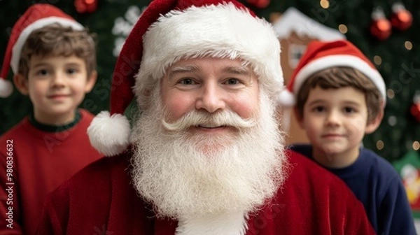 Fototapeta Santa Claus posing for a photo with children, in front of a festive backdrop with snow, elves, and a gingerbread house 