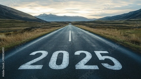 Fototapeta Open road in countryside towards 2025 graffiti.