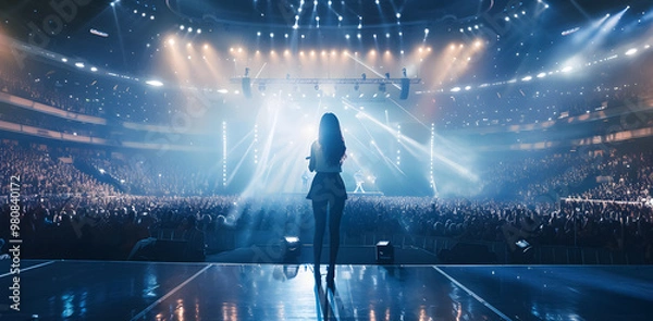 Obraz A beautiful female pop star singer giving a music concert performance in a huge crowded stadium arena hall on a stage. Cool vibe with many fans.