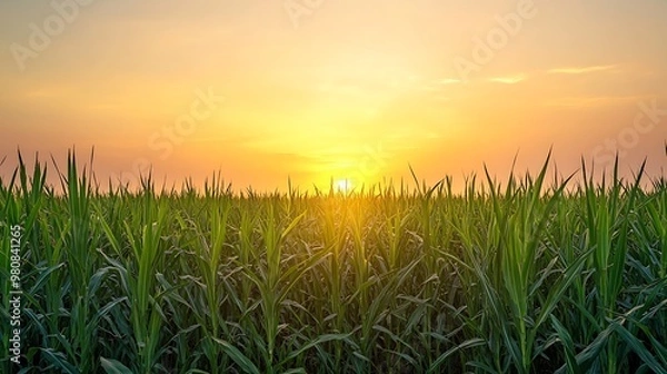 Fototapeta A wide panoramic view of a sugarcane field under the sun
