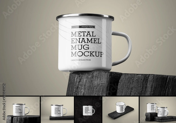 Obraz Mockup of an Enamel Mug on a Charred Bar of Wood