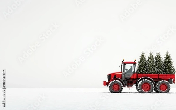 Fototapeta Christmas Tree Farm Tractor A tractor hauling Christmas trees, set against a snowy farm backdrop