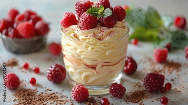 Fototapeta Delightful raspberry dessert garnished with mint leaves showcases vibrant colors and textures. Generative AI