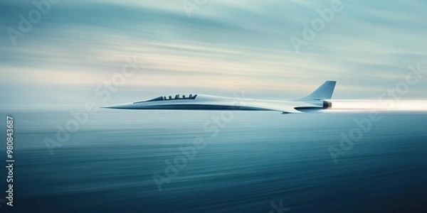 Fototapeta Futuristic jet flying above the ocean, showcasing sleek design and advanced technology, emphasizing speed and innovation.