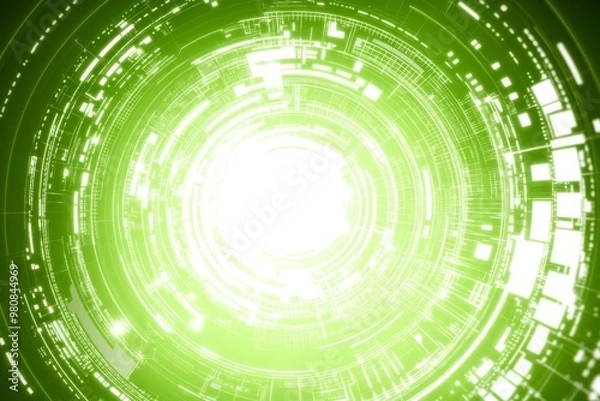 Fototapeta Abstract digital background featuring glowing green circular patterns and light effects, ideal for technology and innovation themes.