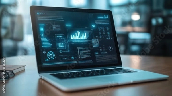 Fototapeta Data analytics display on laptop in tech workspace