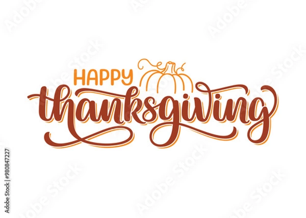 Obraz Happy Thanksgiving hand lettering composition with pumpkin silhouette