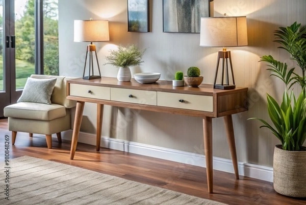 Fototapeta Contemporary living room features sleek console table with storage drawers, polished wooden legs, and neutral color
