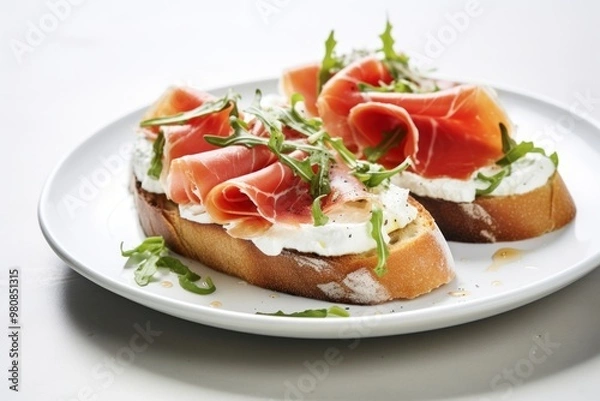 Obraz Prosciutto Bruschetta prosciutto vegetable arugula.