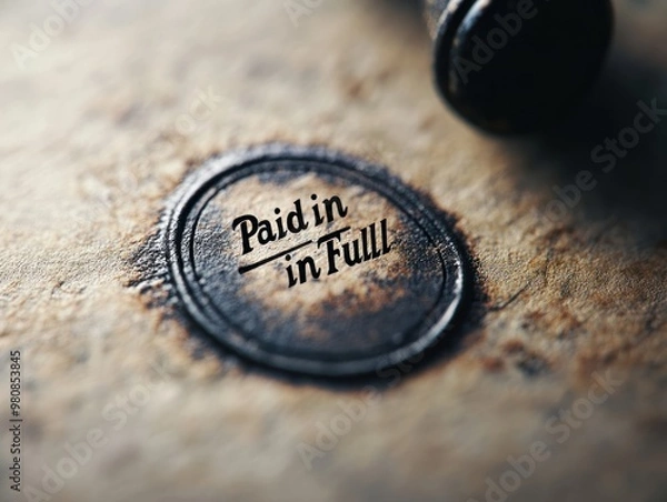 Fototapeta A close-up of a document stamped "Paid in Full" with a bank logo