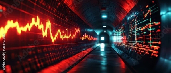 Fototapeta Inside a dark tunnel of collapsing stock charts, red alert lights illuminating the chaos