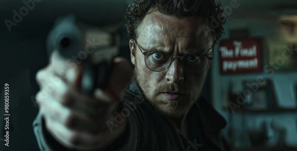 Fototapeta Intense Close-Up of Man Pointing a Gun