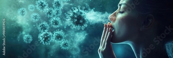 Obraz Person blowing air with multiple virus particles