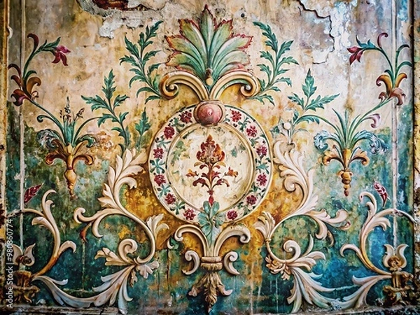 Fototapeta Distressed Renaissance-inspired fresco painting with peeling paint and grunge texture on a vintage old wall, featuring ornate classical designs and subtle feminine touches.
