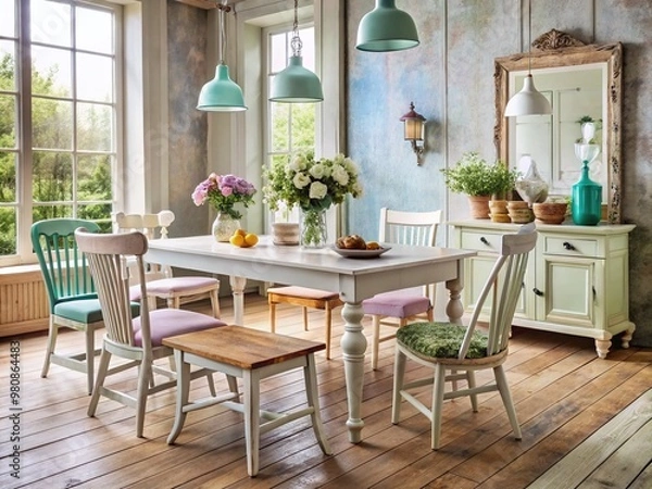Fototapeta Distressed white wooden dining table and mismatched vintage chairs amidst soft pastel hues and rustic accents, evoking
