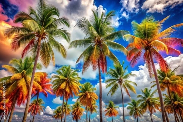 Fototapeta Vibrant multicolored palm trees stand tall against a brilliant blue sky with puffy white clouds, creating a stunning visual contrast in this tropical paradise scene.
